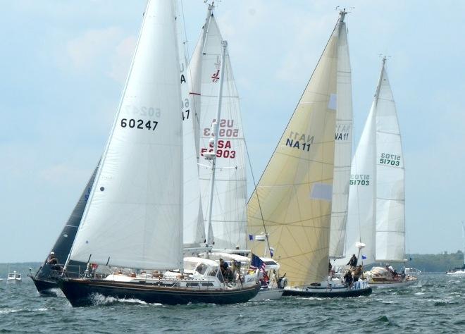 'Swift' the US Naval Academy 44 (NA11) took home a treasure trove of prizes . They were first in Class B, won the Offshore Youth Challenge Trophy, the Bartram Trophy (for Academy, Maritime College boat), Naval Academy Trophy (for top Chesapeake Bay boat). the Kingman Yacht Center Marion Bermuda Team Trophy (for a team of Three Yachts). the other two Navy 44's 'Defiance' and 'Integrity' were 2nd and 3rd in Class B and shared the team trophy. - 2015 Marion Bermuda Race © Talbot Wilson